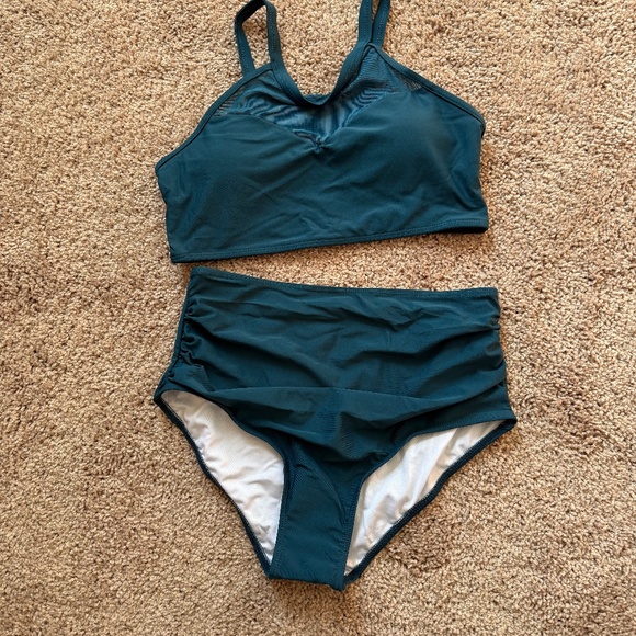Mesh Front Hi-Neck 2-Pc Swim Suit - Picture 1 of 4